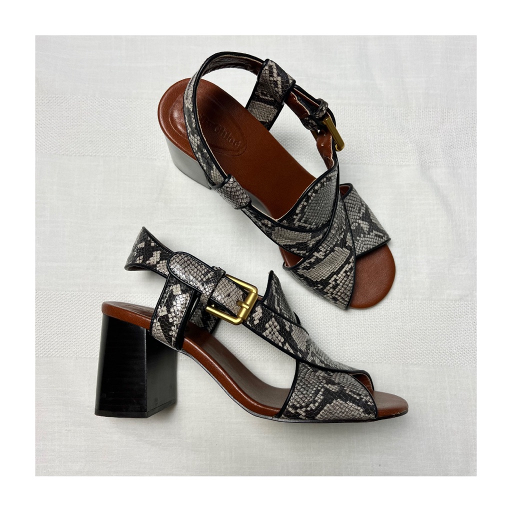 See By Chlo Black And Brown Snake-Print Leather Block Heel Sandals